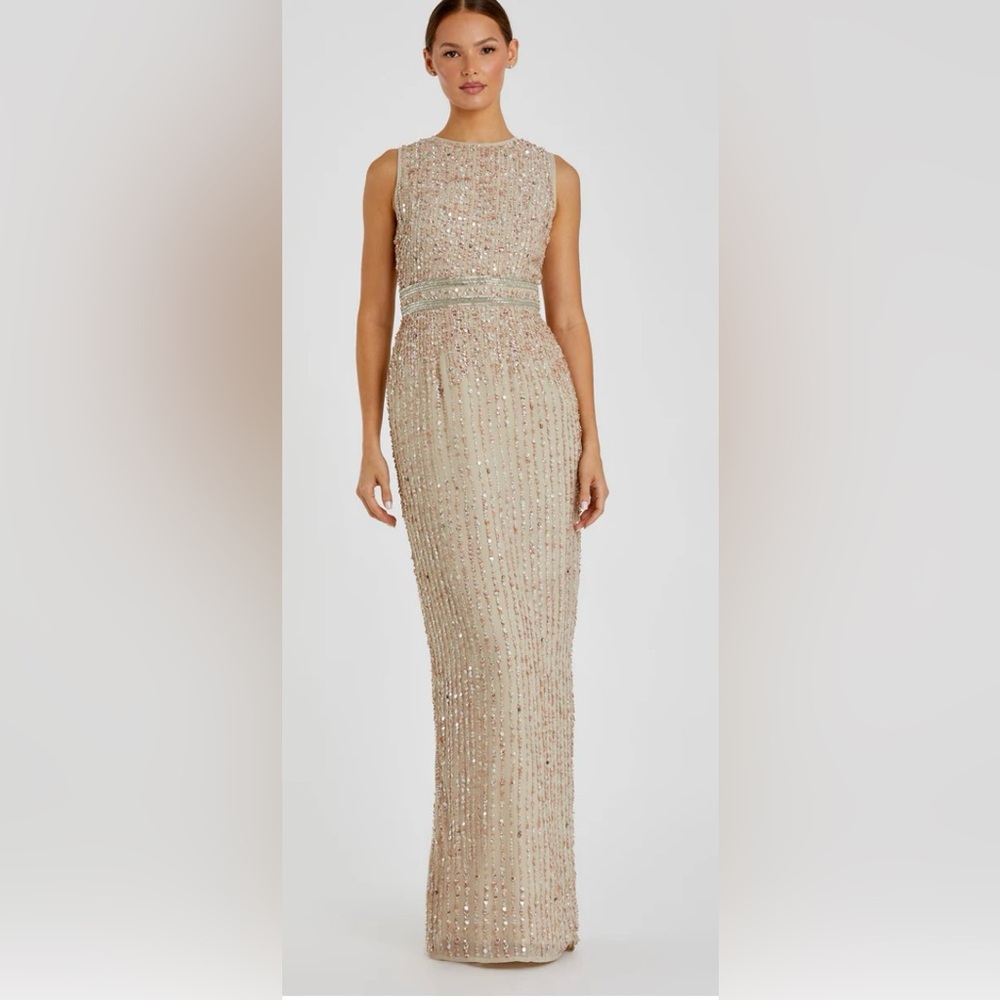 Mac Duggal Champagne Beaded Sleeveless Column Gown